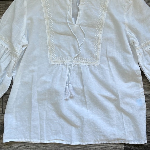 J. McLaughlin | Linen Cotton Blend Popover Balloon Sleeve Resort Blouse Small - Picture 2 of 9